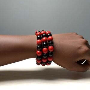 Hematite & Red Bead Memory Wire Wrap Bracelet‎ Gold Tone Stack Statement